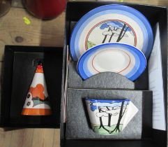 A Wedgwood Clarice Cliff design conical sugar sifter, together with a trio, boxed with certificates