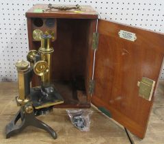 A Baker London monocular microscope, the mahogany box with label for Clarkson, with accessories