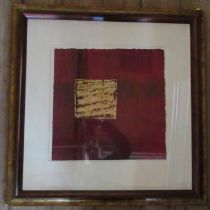 J Rogers, 2005, gold square on red ground, 15ins x 15ins, together with Jean Larious (French) print,