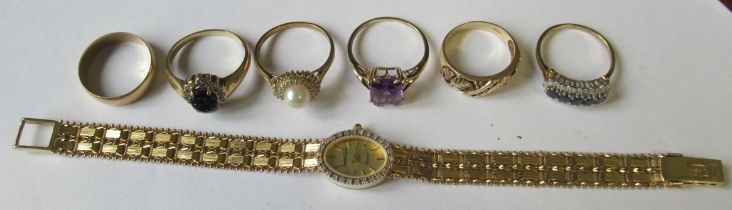 Five gold gem set rings, marked 9K or 375, weight 16.8g, together with a wedding band, marked .