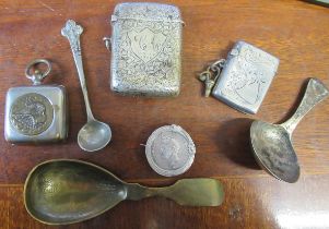 Two silver vesta cases, a silver caddy spoons and other pieces of sliver plate