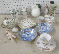 A collection of porcelain, to include an oil lamp base, Dresden cup and saucer, vases etc