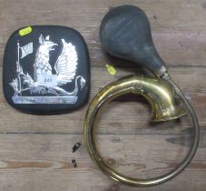 A Bedford car sign together with a vintage Brass car horn