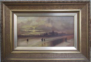 May Aiken, oil on canvas, evening landscape with figures, 9.5ins x 17.5ins