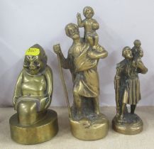 Three brass figures, to include an Imp and two religious figures, height 7ins and down