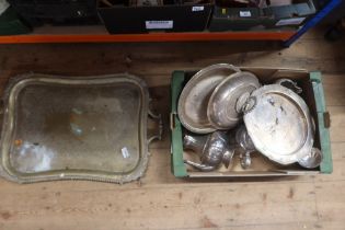 A collection of metalware, silver plate etc including large salver