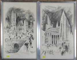 William Bill Papas, two ink drawings, Central Library Manchester and Manchester Cathedral on a Rainy