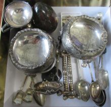 A collection of assorted metalware, to include spoons, a pair of open salts, cup, cufflinks etc
