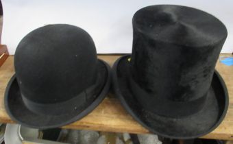 A Lincoln Bennett black top hat, together with a RW Forsyth black bowler hat