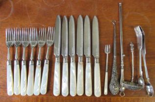 A set of six mother of pearl dessert knives and forks, with silver blades, together with other