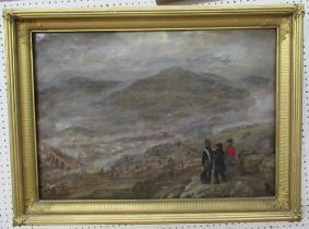 A 19th century  oil on canvas, battle scene with soldiers, possibly Napoleonic , 19ins x 27ins