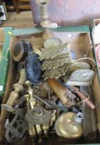 A box of assorted metal ware to include candlesticks, letter racks, etc