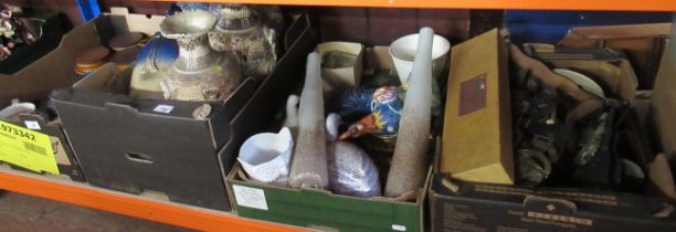 Four boxes of sundries, including vases, metalware, horse brasses etc