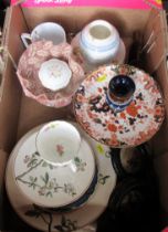 A box of china to include Doulton vase, Royal Crown Derby, prattware pot lids etc