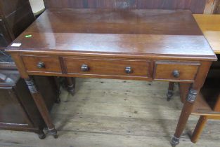 A 19th century mahogany sidetable, fitted with three drawers, on ring turned legs, 35ins x 18.