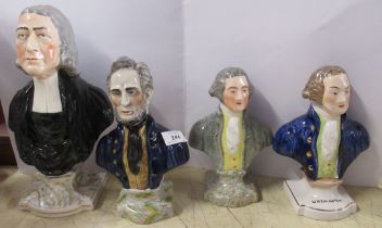 Four Staffordshire busts to include Washington and Lincoln  Condition Report: Washington in blue,