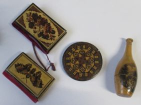 Two 19th century Tunbridge ware needle cases, of rectangular form, together with a circular one with