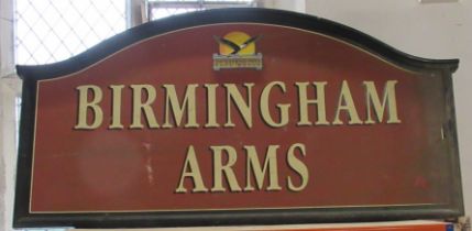 A fiberglass pub sign, from Enterprise Inns Birmingham Arms, approximately 44ins x 96ins