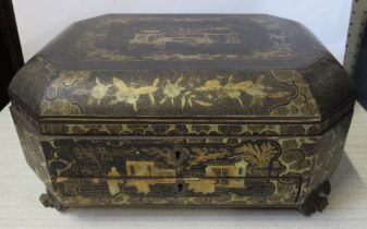 A 19th century Chinese Export lacquer sewing box, of rectangular form with canted corners, decorated