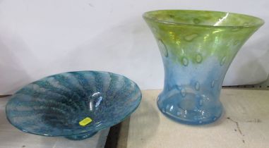 A Monart glass vase, height 7.25ins, together with a glass dish, diameter 9ins