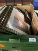 Three boxes of pictures including oriental examples, silks etc