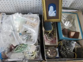 Quantity of costume jewellery, an enamel plaque, 800 grade silver dish etc