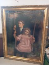 J.Gibbs, oil on canvas, Victorian portrait of a boy and girl on a swing, signed , 35ins x 26ins