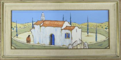 A 20th century oil on board, European landscape with building, 13ins x 32.5ins