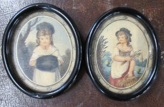 A pair of miniature oval portrait prints, maximum diameter 3.5ins