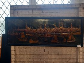 A relief study on copper, of a harbour scene, with hammer beaten effect, 12ins x 36ins