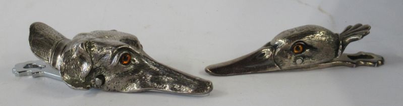 Two modern silver plated letter clips, formed as a ducks head and a dogs head