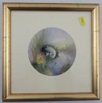 A circular porcelain plaque, believed to be Royal Worcester, decorated with a Heron in water with