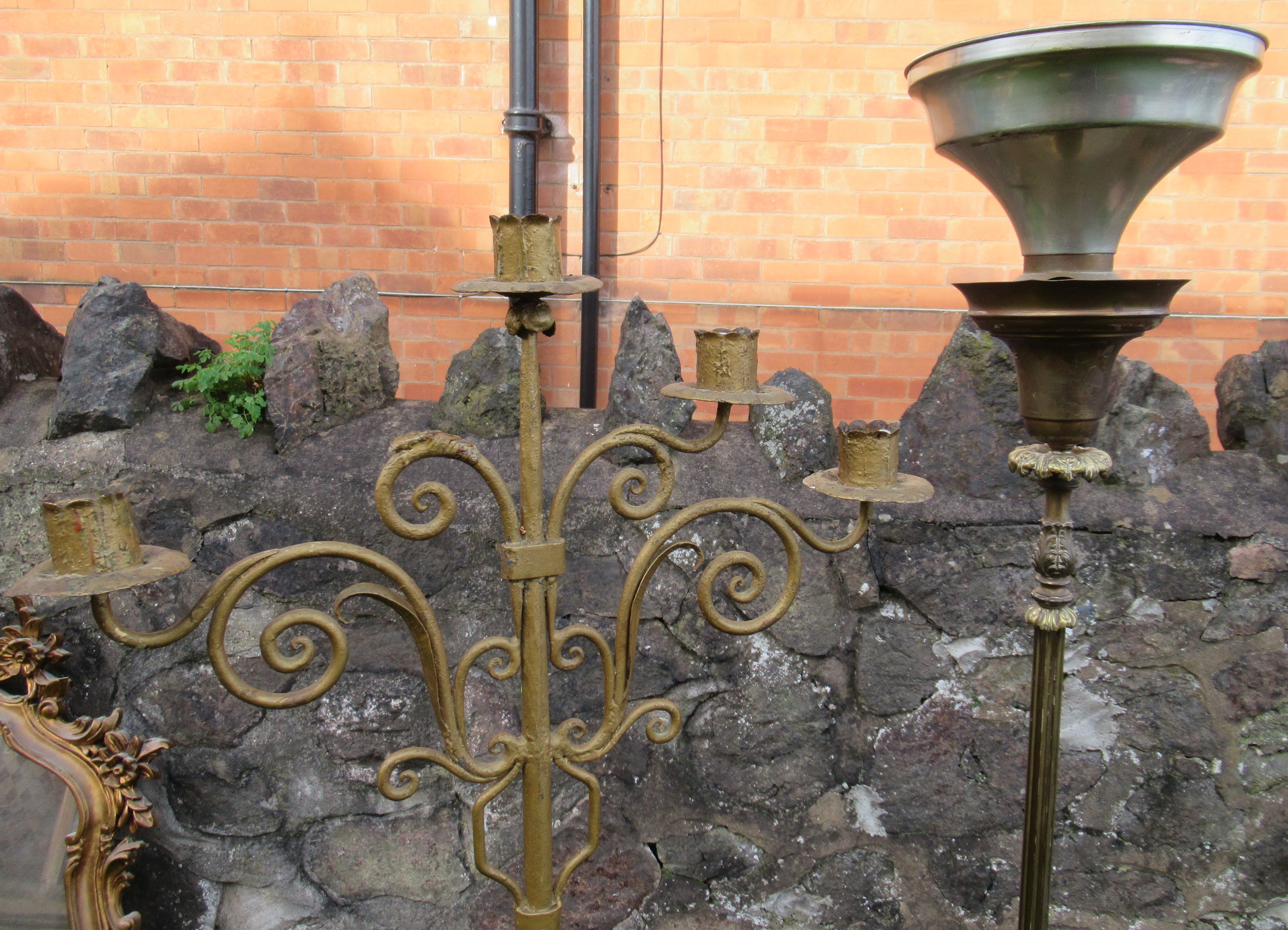 A floor standing candle stand, height 58ins, together with a brass umbrella shaped umbrella stand - Image 2 of 3
