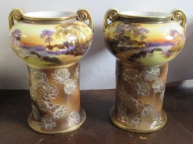 A pair of Noritake vases, decorated with a landscape and roses, height 6.25ins