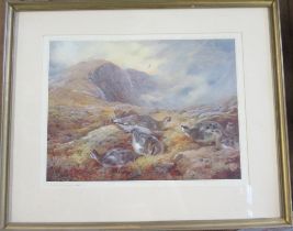 After Thorburn, limited edition colour print, grouse in landscape, 16ins x 19.5ins together with