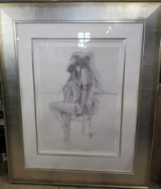 A limited edition print, portrait of a seated girl, 22ins x 16ins, together with another print,