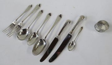A silver dog nose pattern dinner fork, dessert spoon, dessert fork, soup spoon, serving spoon and
