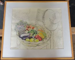 Patricia Jorgensen, ink and watercolour, vegetable basket, 17ins x 21ins