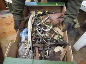 A box of spurs, metalware etc