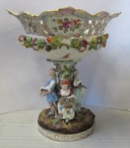 A 19th century Continental porcelain table centre piece, the pierced bowl encrusted with and