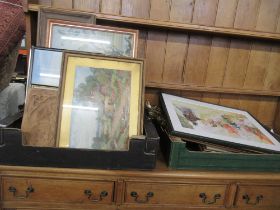 Two boxes of assorted prints, tapestry's and mirrors