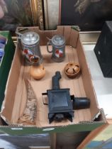 A box of sundries to include lantern, steins , pottery puzzle ball etc