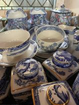 Two boxes of china, predominantly blue and white, including Copeland and Wade biscuit barrel