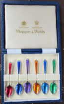 A cased set of Mappin & Webb enamelled coffee spoons