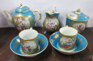 A 19th century Sevres porcelain tea set, comprising tea pot, covered sugar bowl, milk jug, two