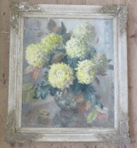 An oil on canvas, still life of chrysanthemum in a vase, 24ins x 20ins, together with other oils and