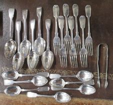 A collection of silver fiddle pattern flatware, all engraved with an initial, weight 25oz