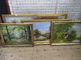 A collection of oil on canvases, including landscapes