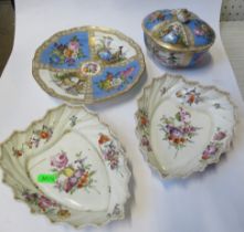 A pair of Dresden porcelain dishes, together with a Dresden covered bowl and a similar plate