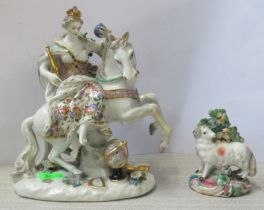 A 19th century porcelain figure, of Europa, on horseback, af, height 8ins, together with a